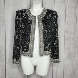 Vintage Lawrence Kazar Beaded Silk Jacket Pearl Trim Formal Evening, sz Medium